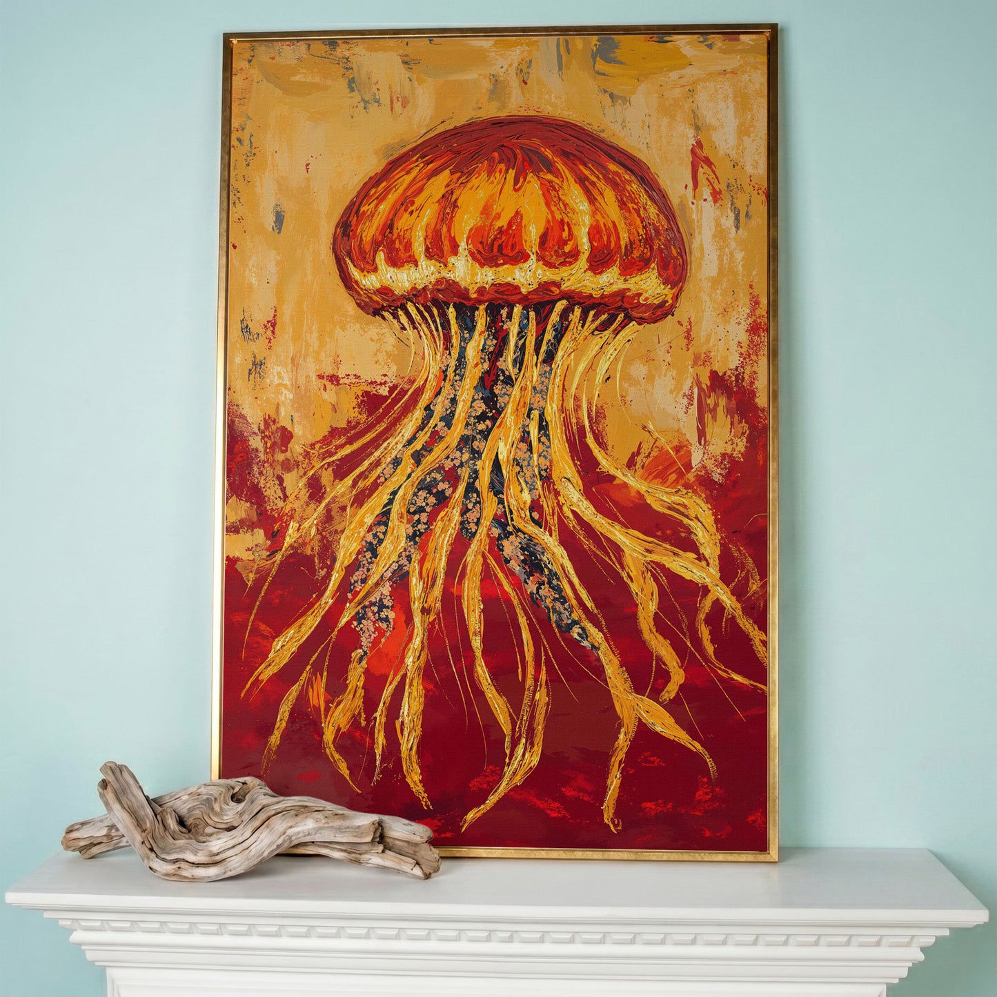 Abstract Jellyfish Canvas Art, Ocean Life Wall Print in rose gold floating frame