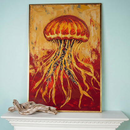 Abstract Jellyfish Canvas Art, Ocean Life Wall Print in rose gold floating frame