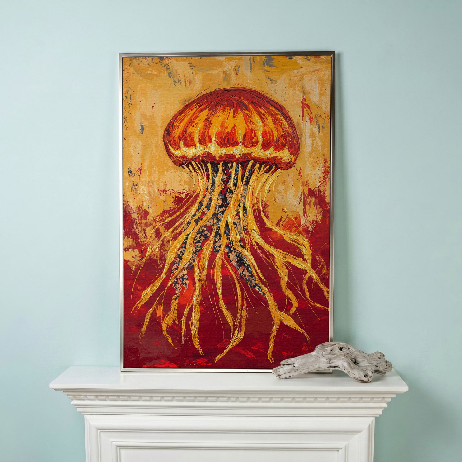 Abstract Jellyfish Canvas Art, Ocean Life Wall Print in silver floating frame