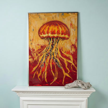 Abstract Jellyfish Canvas Art, Ocean Life Wall Print in silver floating frame