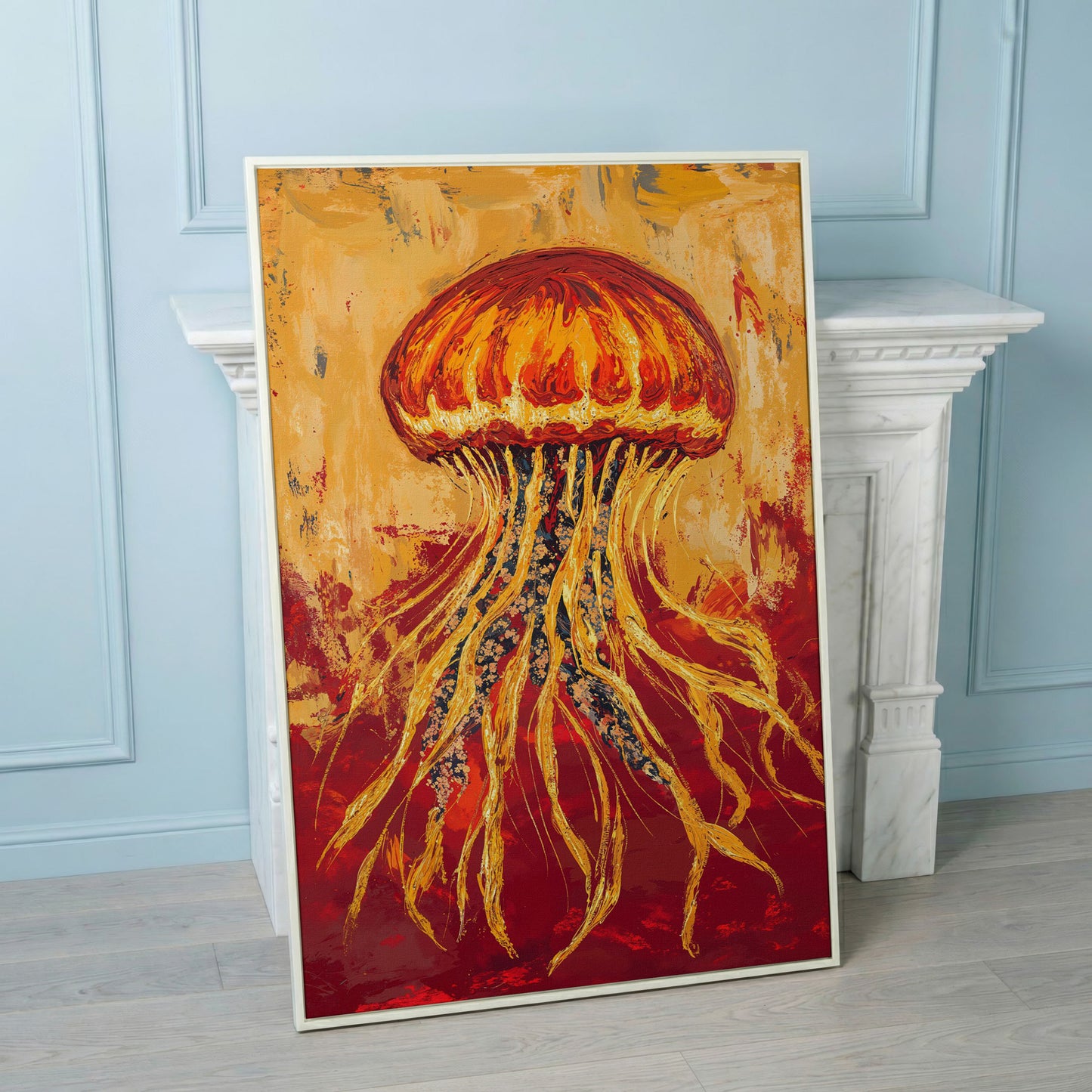 Abstract Jellyfish Canvas Art, Ocean Life Wall Print in white floating frame