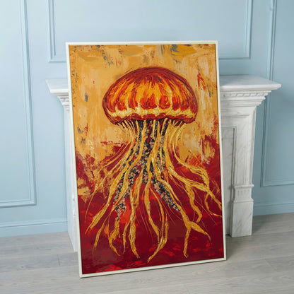 Abstract Jellyfish Canvas Art, Ocean Life Wall Print in white floating frame