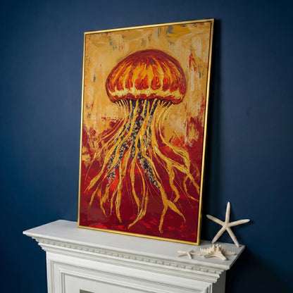 Abstract Jellyfish Canvas Art, Ocean Life Wall Print in yellow gold floating frame