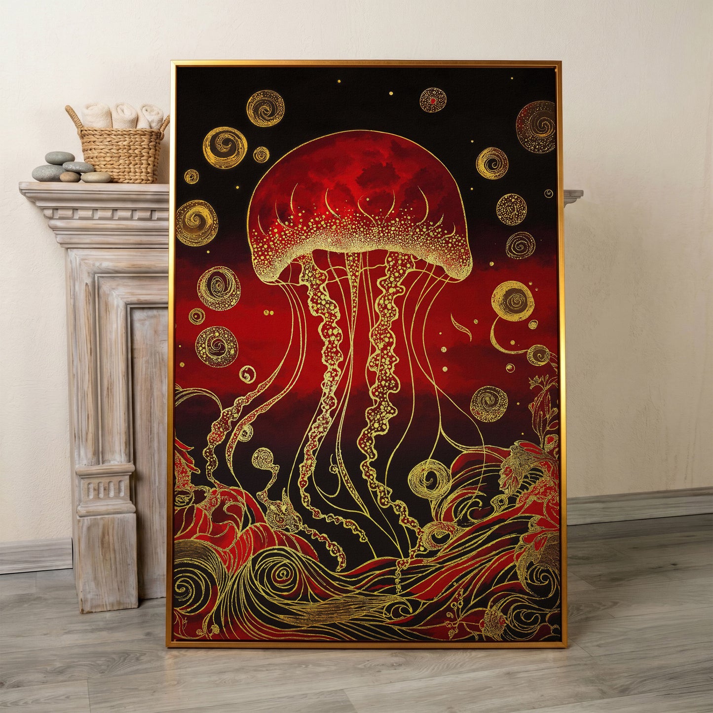 Red and Gold Jellyfish Canvas Art with Swirling Ocean Waves in antique gold floating frame