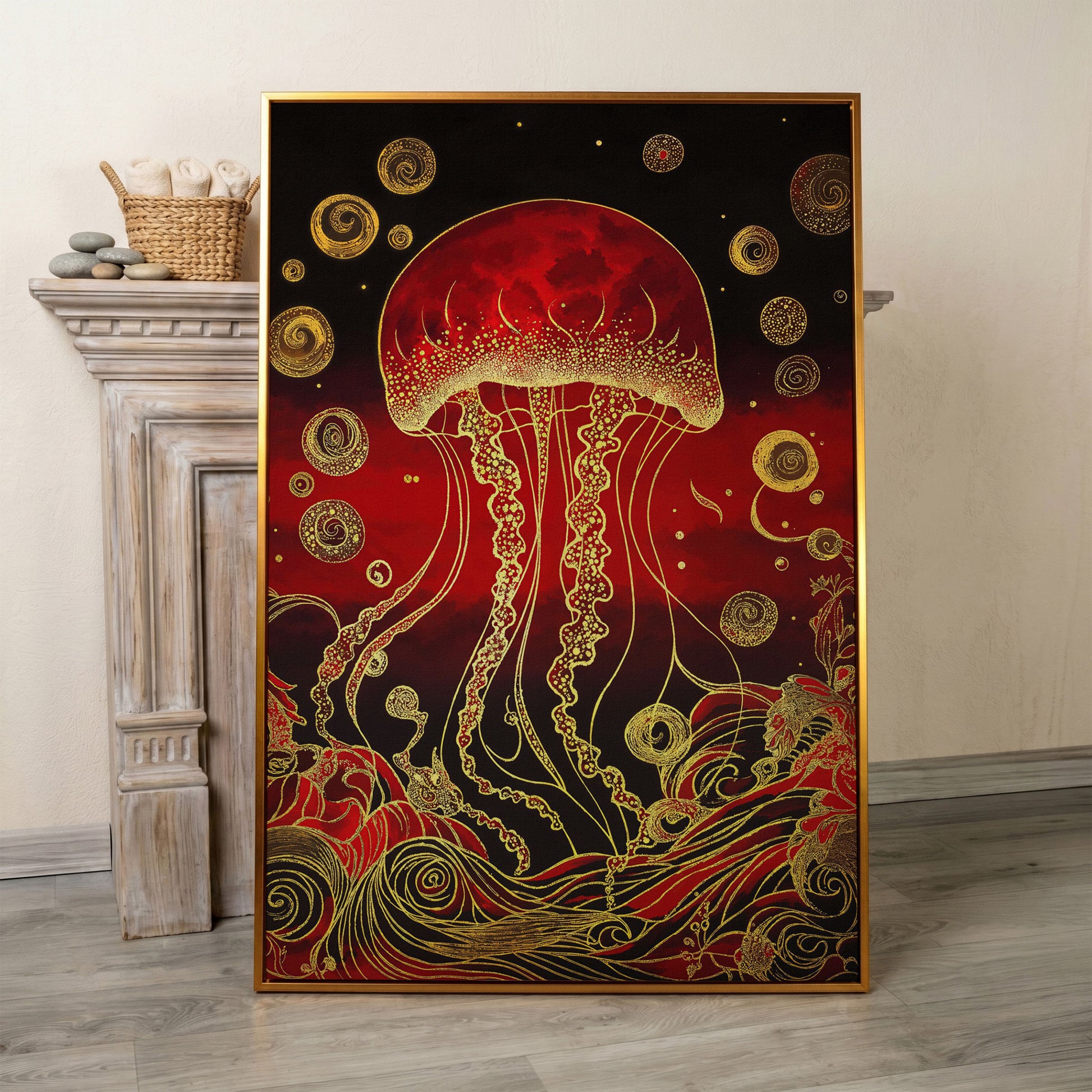 Red and Gold Jellyfish Canvas Art with Swirling Ocean Waves in antique gold floating frame