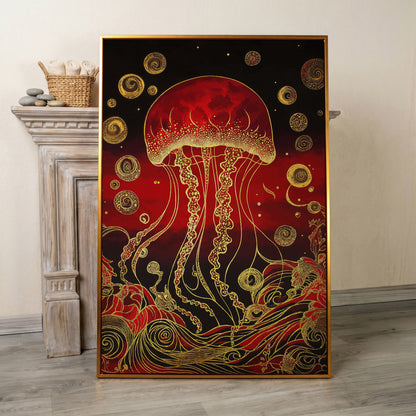 Red and Gold Jellyfish Canvas Art with Swirling Ocean Waves in antique gold floating frame
