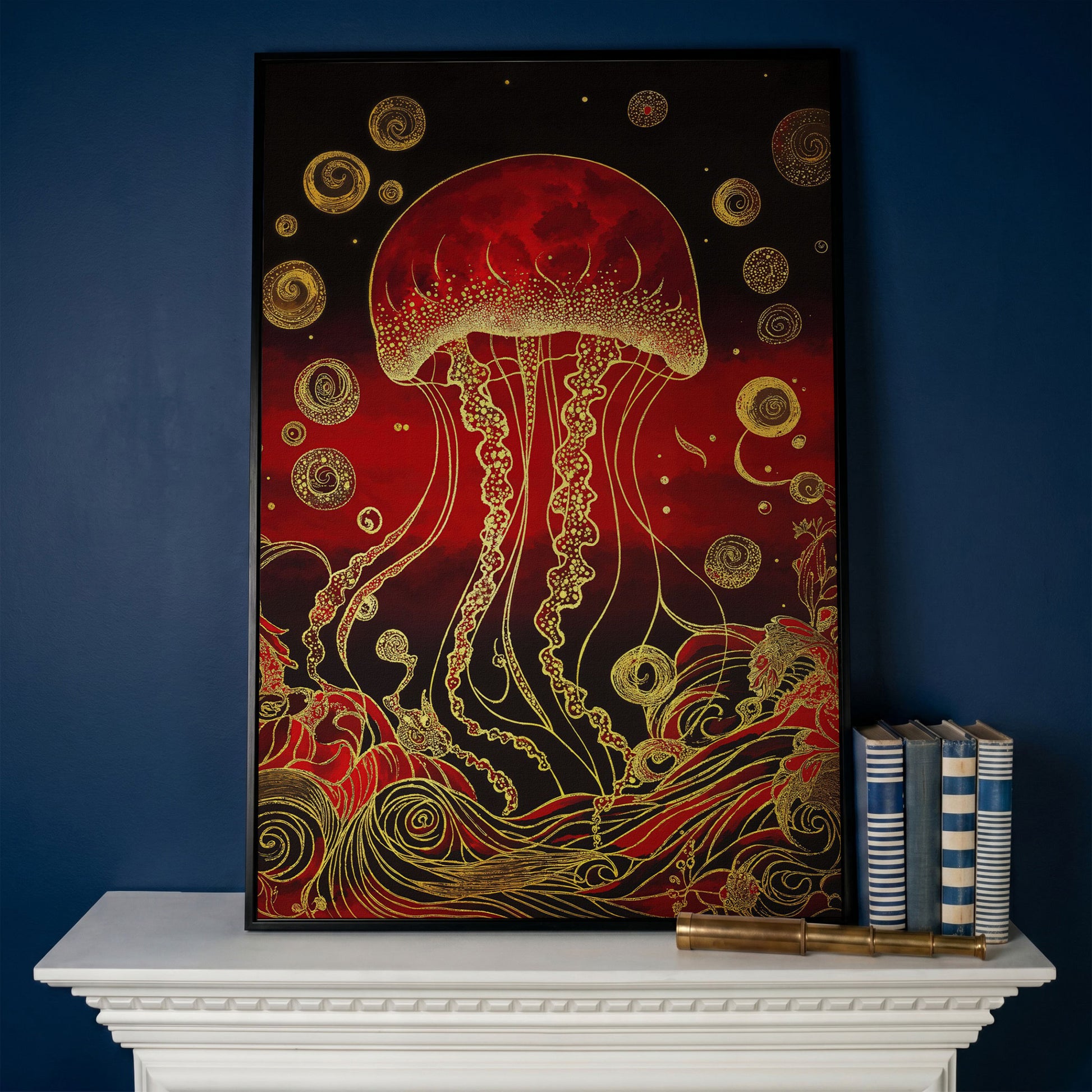 Red and Gold Jellyfish Canvas Art with Swirling Ocean Waves in black floating frame