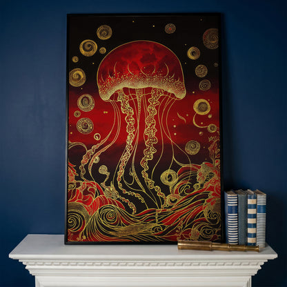 Red and Gold Jellyfish Canvas Art with Swirling Ocean Waves in black floating frame