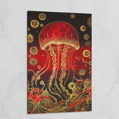 Red and Gold Jellyfish Canvas Art with Swirling Ocean Waves on gallery wrap