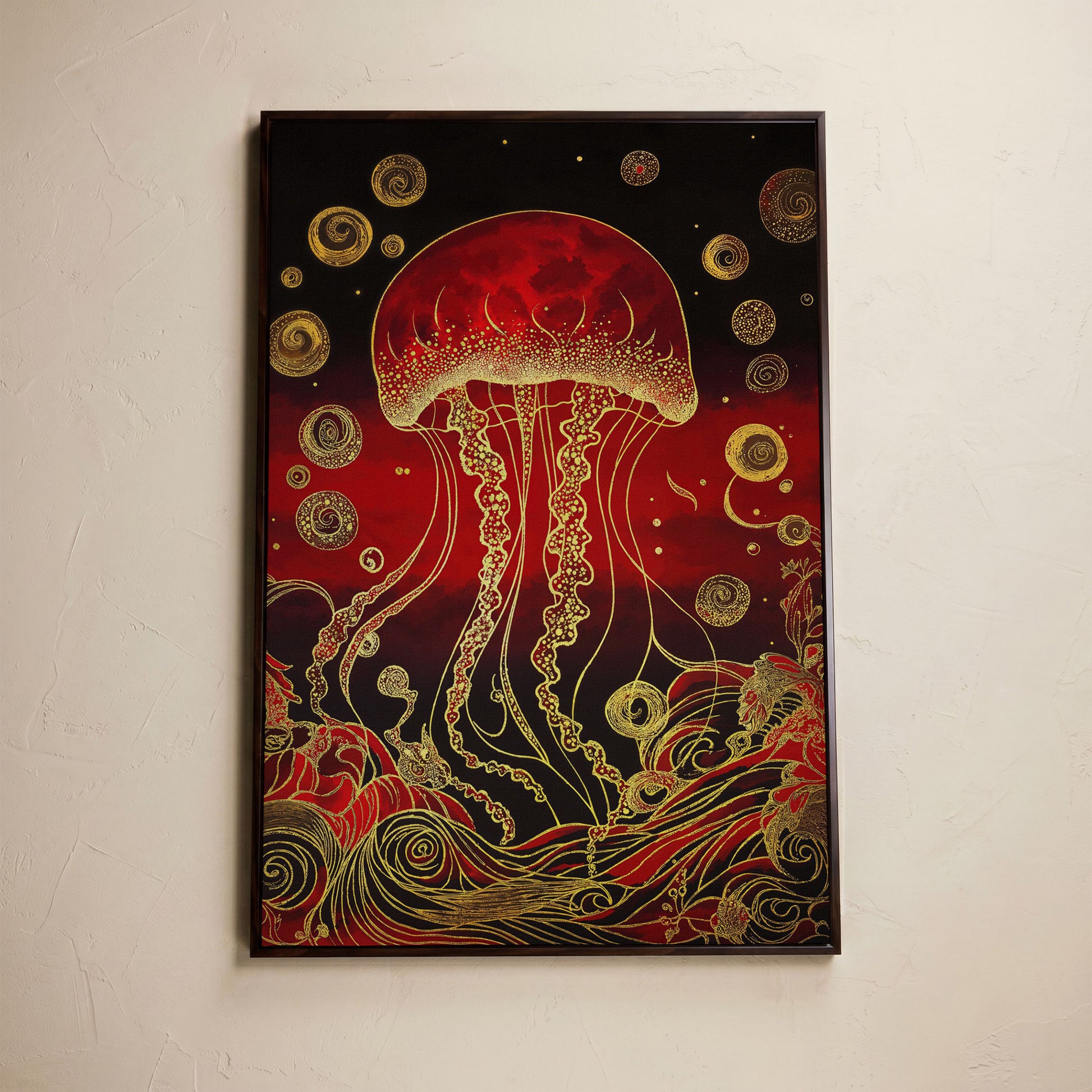 Red and Gold Jellyfish Canvas Art with Swirling Ocean Waves in dark walnut floating frame