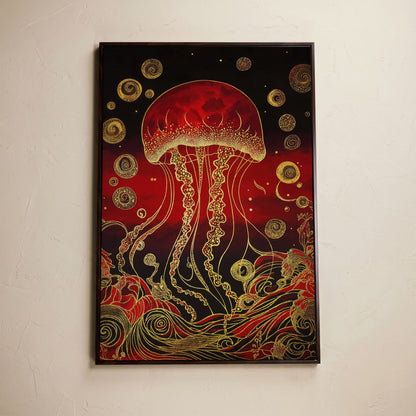 Red and Gold Jellyfish Canvas Art with Swirling Ocean Waves in dark walnut floating frame