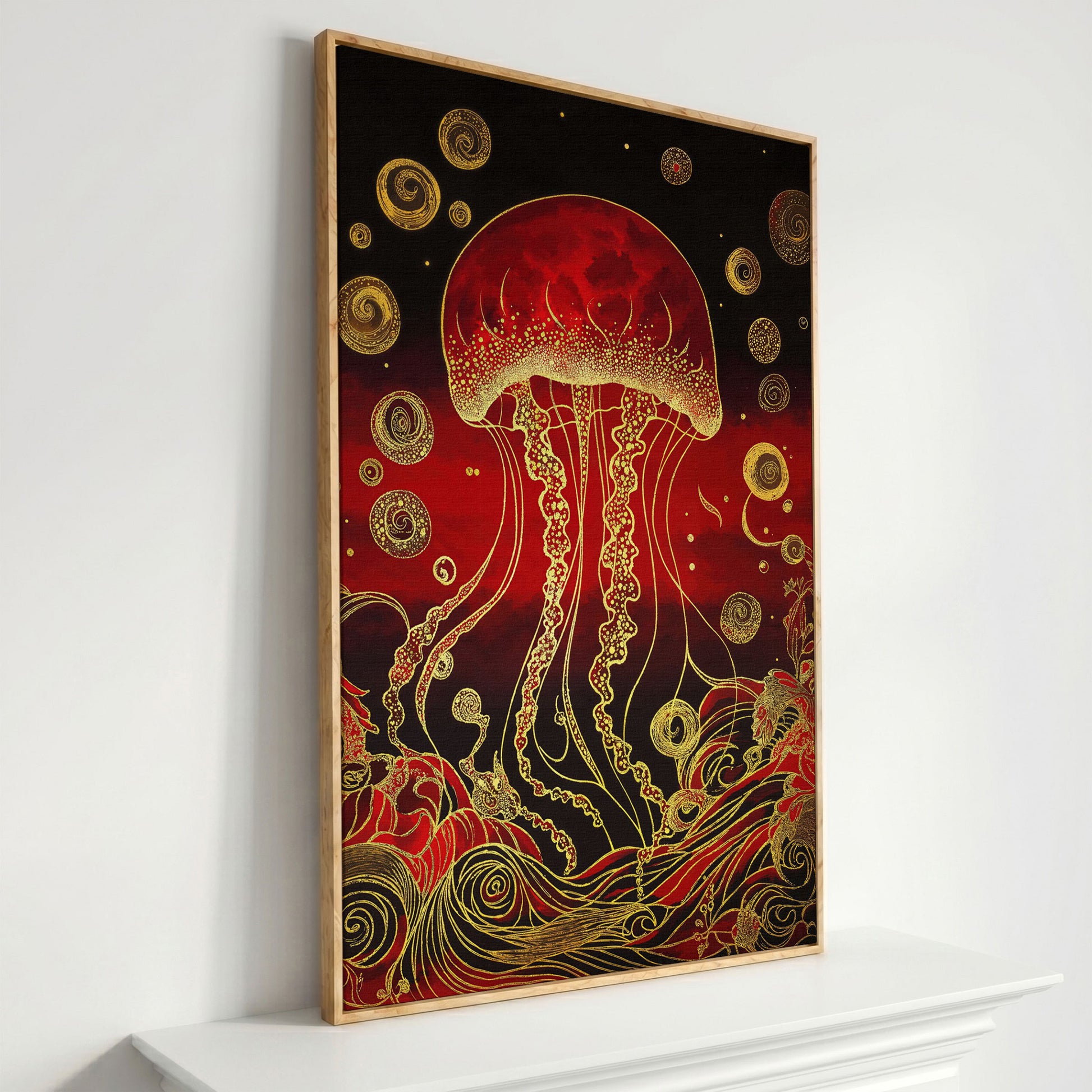 Red and Gold Jellyfish Canvas Art with Swirling Ocean Waves in white oak floating frame