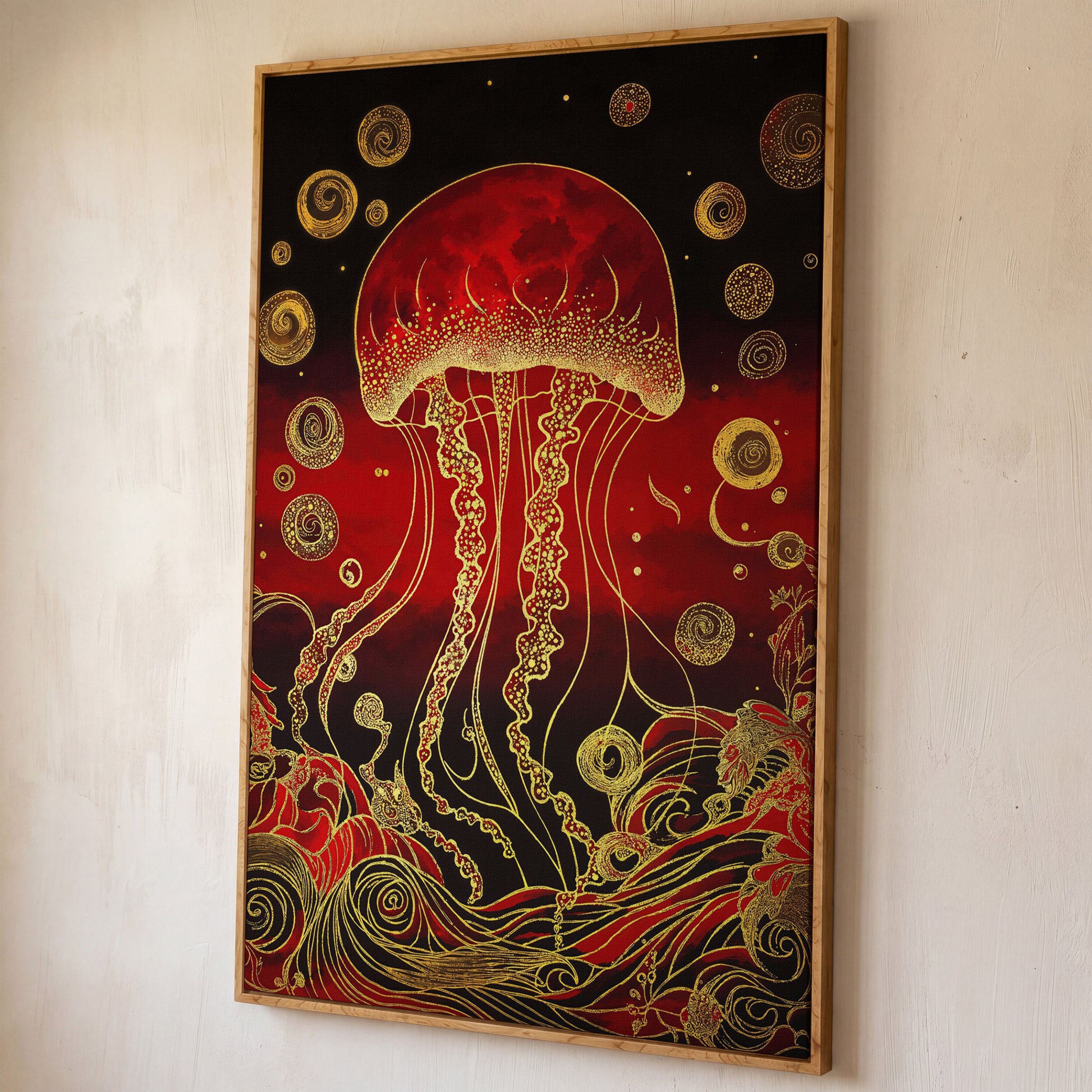 Red and Gold Jellyfish Canvas Art with Swirling Ocean Waves shown in white oak floating frame