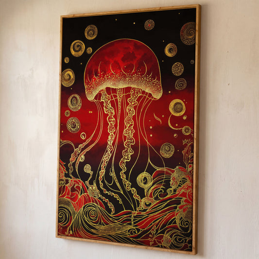 Red and Gold Jellyfish Canvas Art with Swirling Ocean Waves shown in white oak floating frame