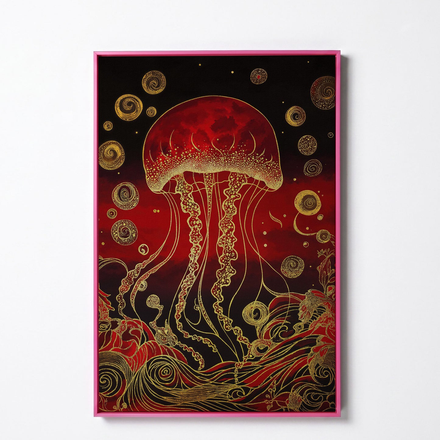 Red and Gold Jellyfish Canvas Art with Swirling Ocean Waves in pink floating frame