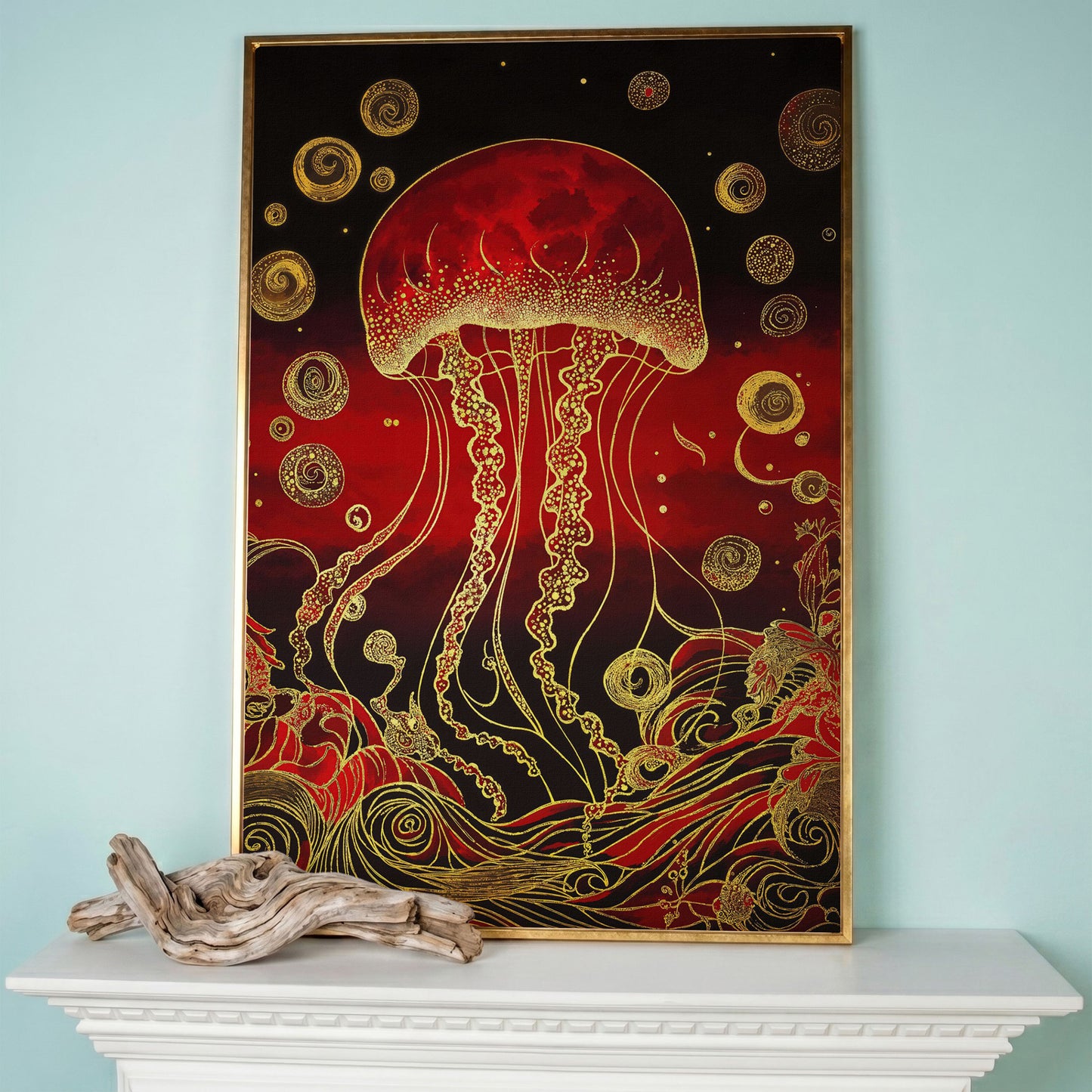 Red and Gold Jellyfish Canvas Art with Swirling Ocean Waves in rose gold floating frame