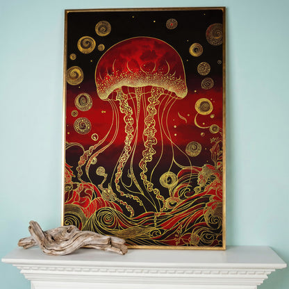 Red and Gold Jellyfish Canvas Art with Swirling Ocean Waves in rose gold floating frame
