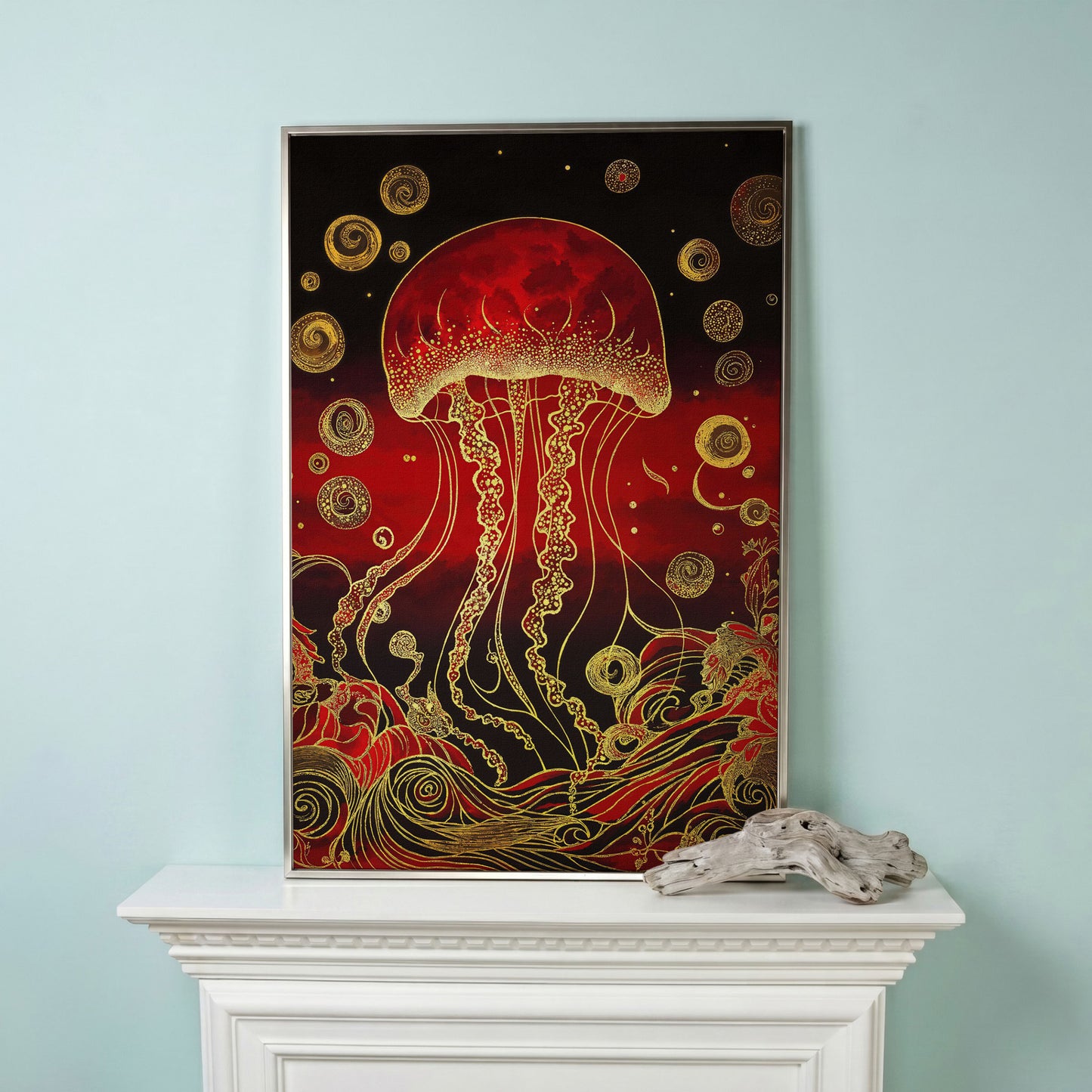 Red and Gold Jellyfish Canvas Art with Swirling Ocean Waves in silver floating frame