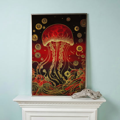 Red and Gold Jellyfish Canvas Art with Swirling Ocean Waves in silver floating frame