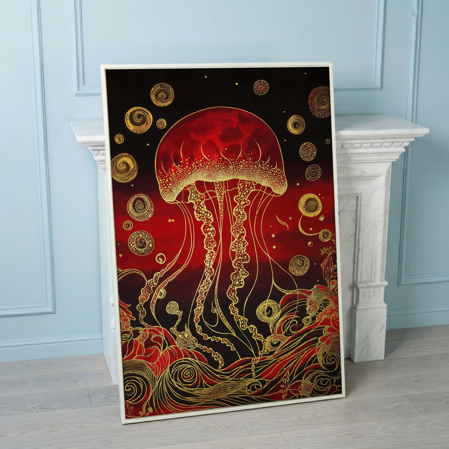 Red and Gold Jellyfish Canvas Art with Swirling Ocean Waves in white floating frame