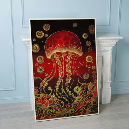 Red and Gold Jellyfish Canvas Art with Swirling Ocean Waves in white floating frame