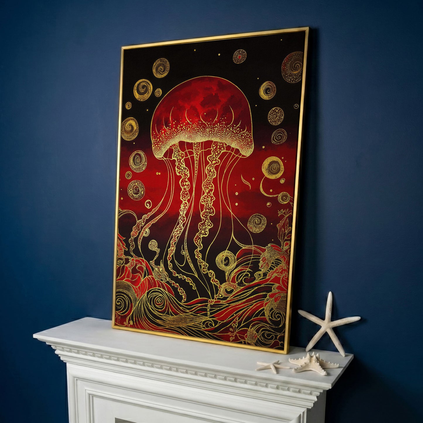 Red and Gold Jellyfish Canvas Art with Swirling Ocean Waves in yellow gold floating frame