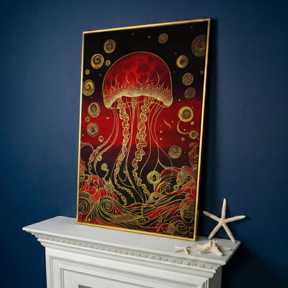 Red and Gold Jellyfish Canvas Art with Swirling Ocean Waves in yellow gold floating frame