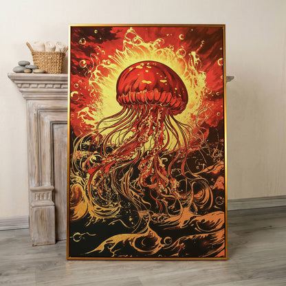 Jellyfish Canvas Wall Art, Flowing Tentacles Ocean Print in antique gold floating frame