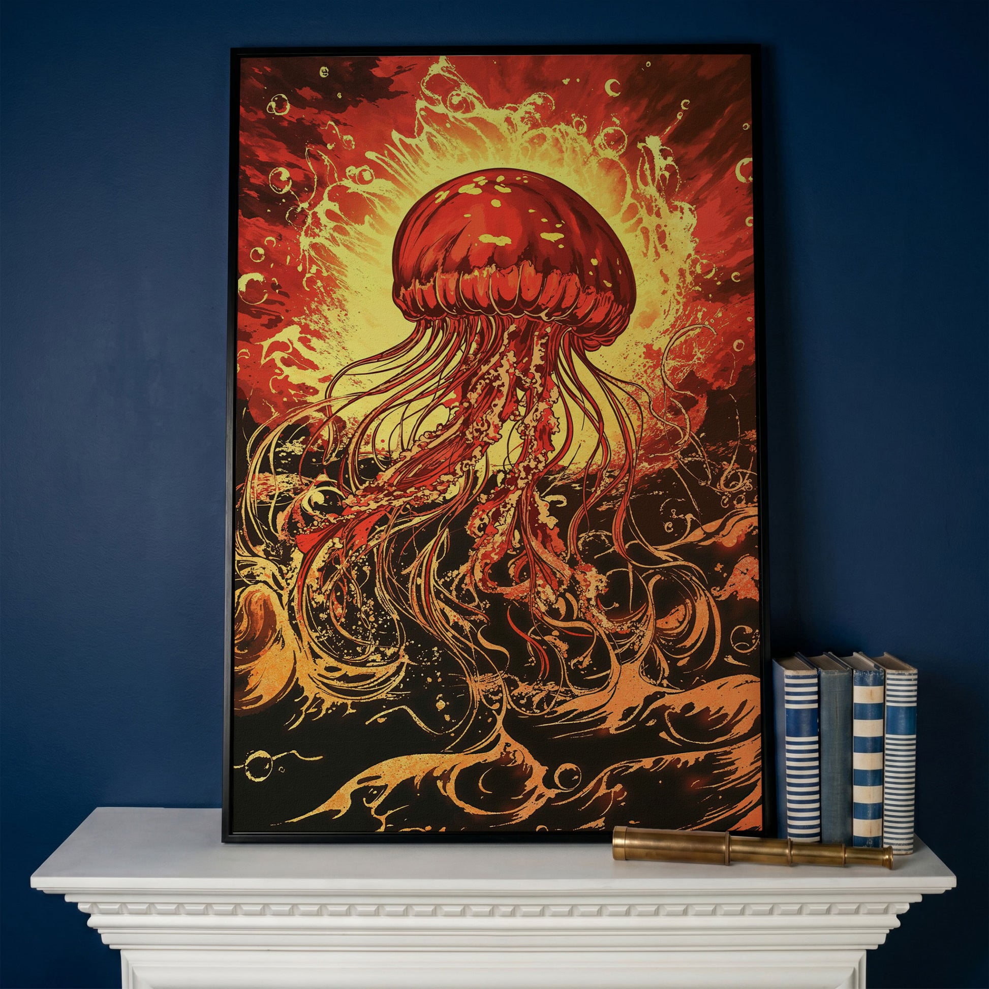 Jellyfish Canvas Wall Art, Flowing Tentacles Ocean Print in black floating frame
