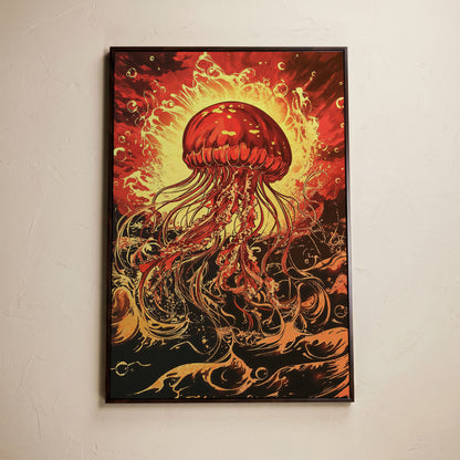 Jellyfish Canvas Wall Art, Flowing Tentacles Ocean Print in dark walnut floating frame