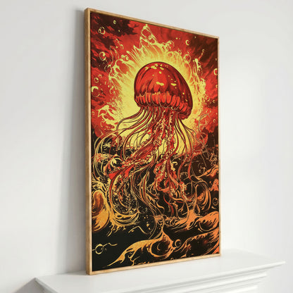 Jellyfish Canvas Wall Art, Flowing Tentacles Ocean Print in white oak floating frame