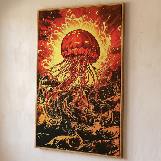 Jellyfish Canvas Wall Art, Flowing Tentacles Ocean Print shown in white oak floating frame