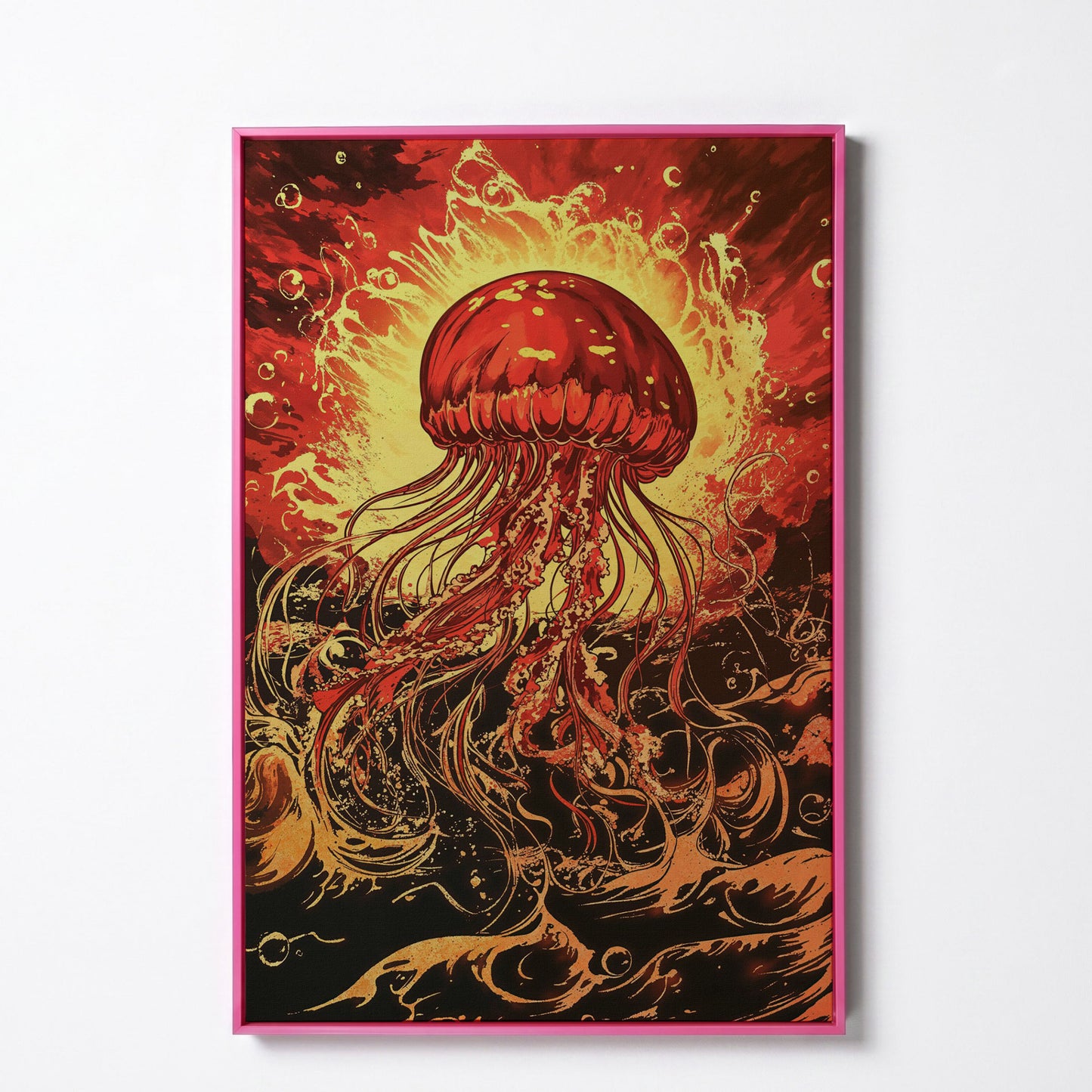 Jellyfish Canvas Wall Art, Flowing Tentacles Ocean Print in pink floating frame