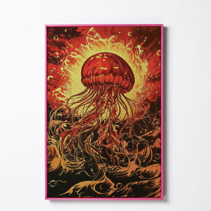 Jellyfish Canvas Wall Art, Flowing Tentacles Ocean Print in pink floating frame