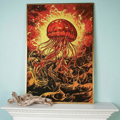 Jellyfish Canvas Wall Art, Flowing Tentacles Ocean Print in rose gold floating frame