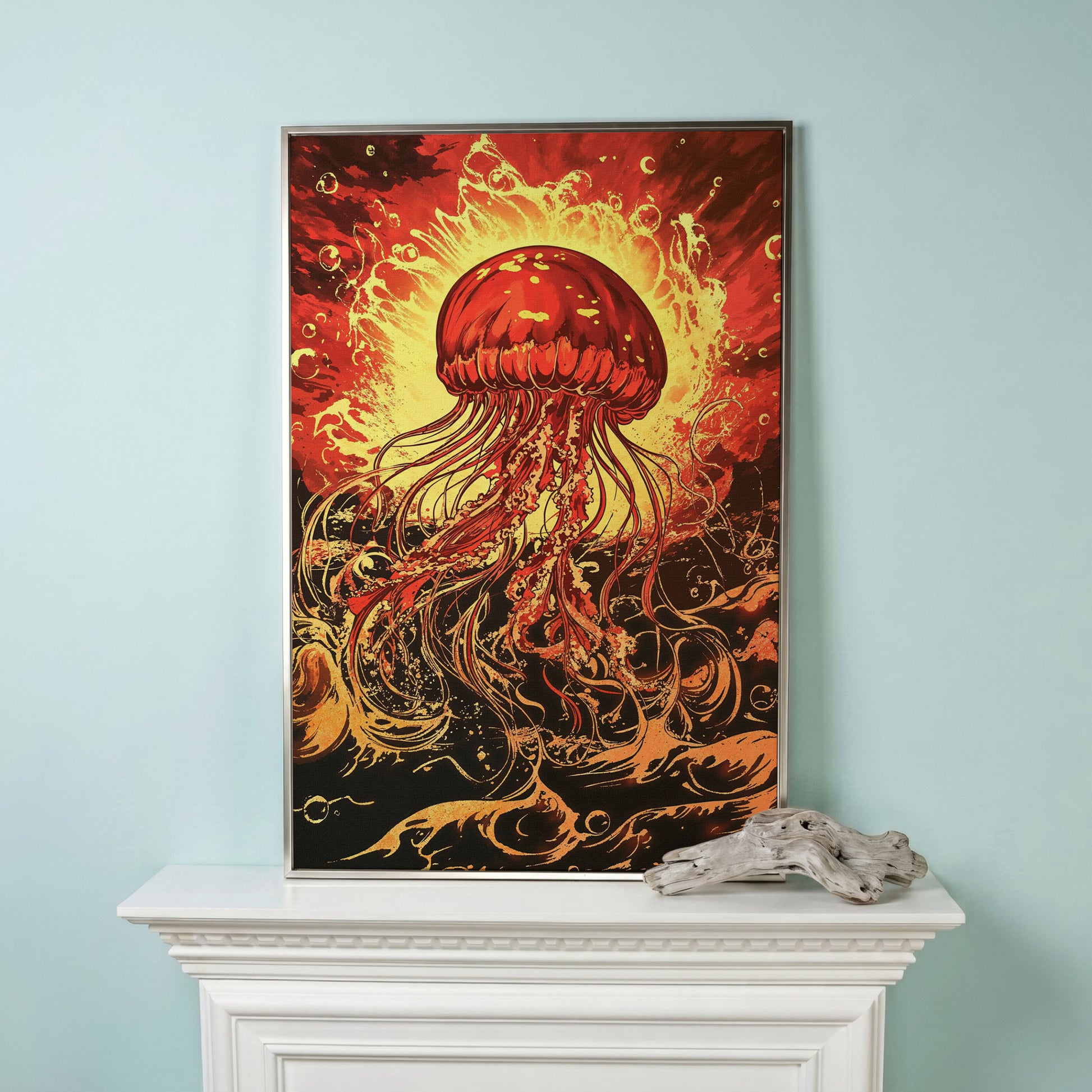 Jellyfish Canvas Wall Art, Flowing Tentacles Ocean Print in silver floating frame