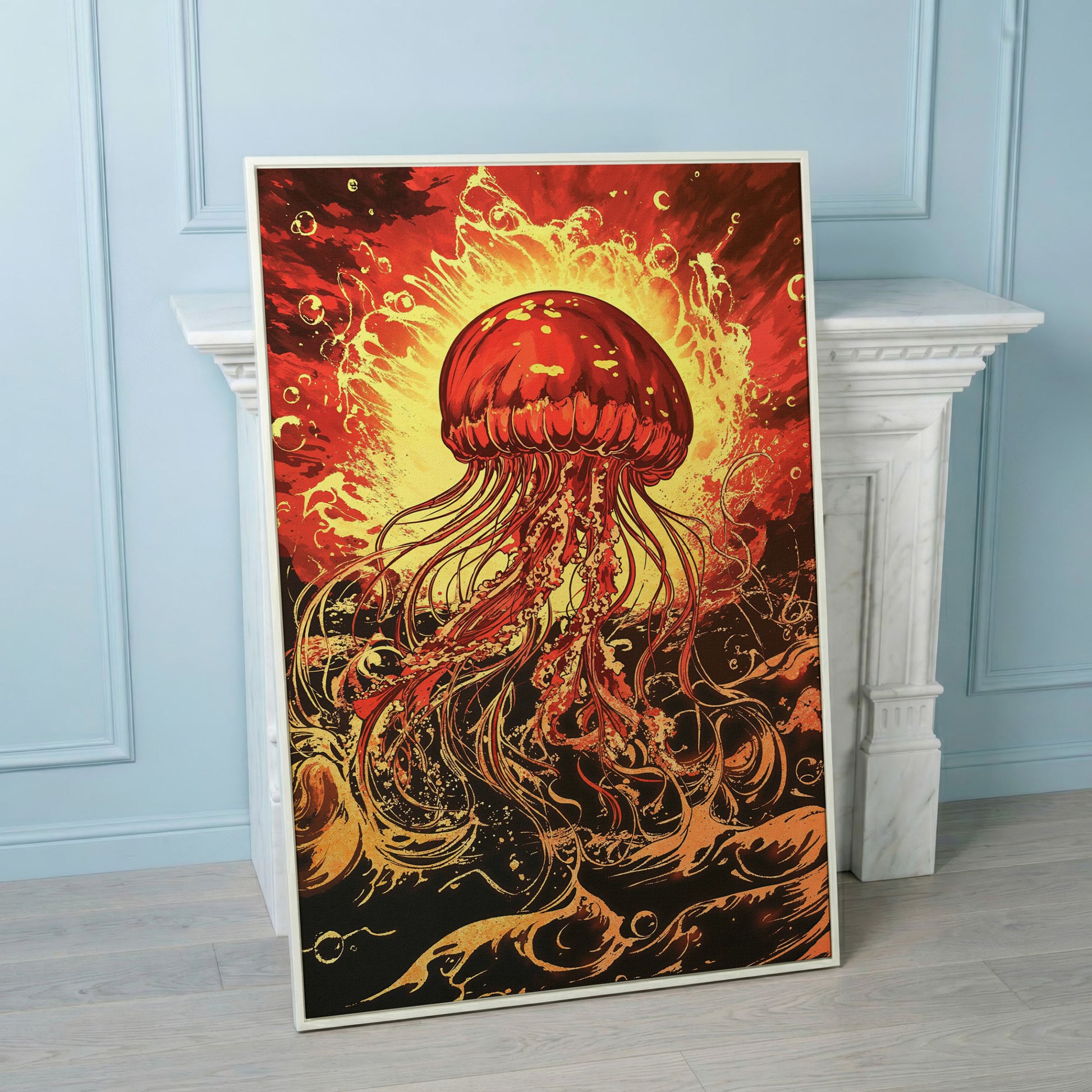 Jellyfish Canvas Wall Art, Flowing Tentacles Ocean Print in white floating frame