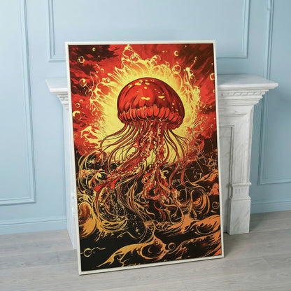 Jellyfish Canvas Wall Art, Flowing Tentacles Ocean Print in white floating frame