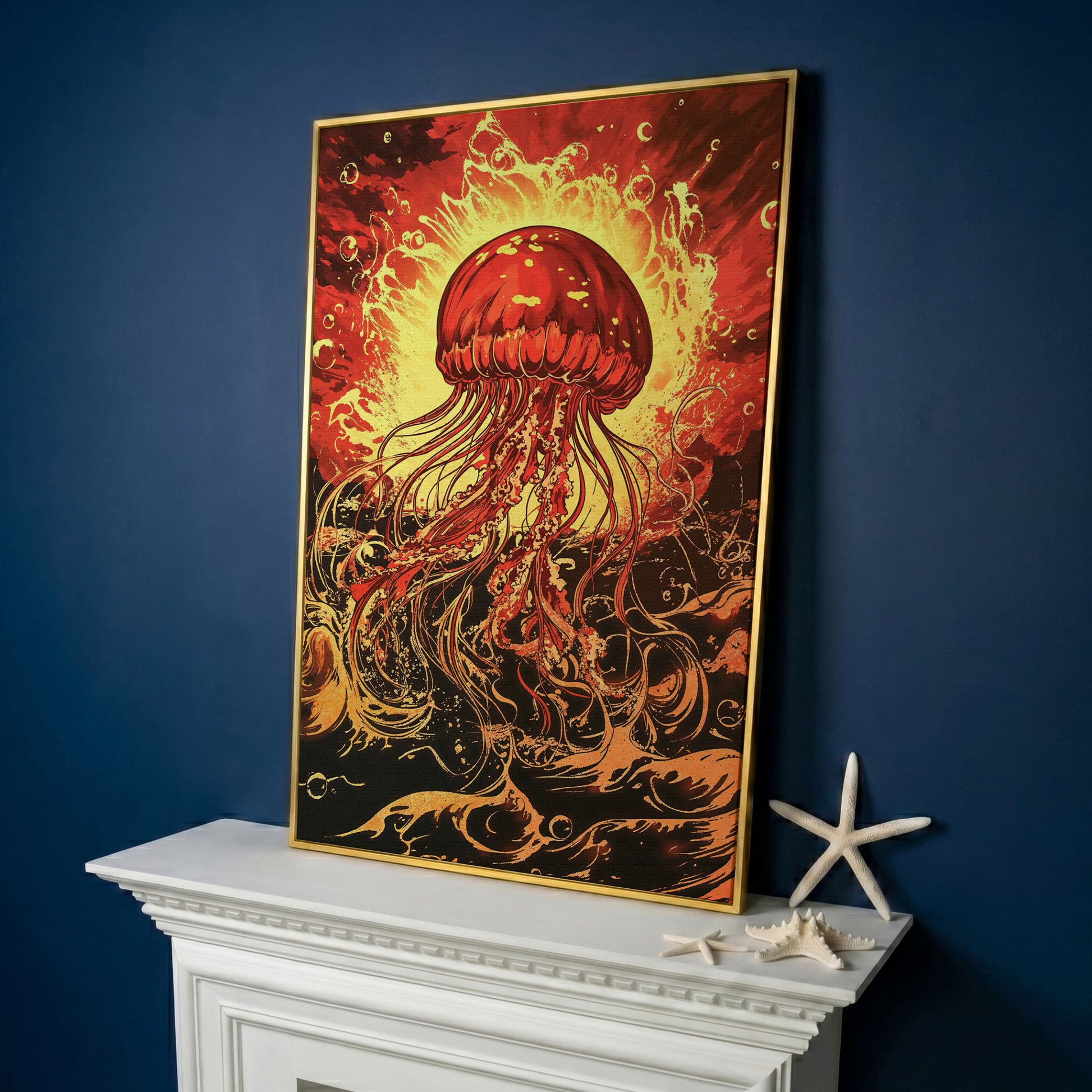 Jellyfish Canvas Wall Art, Flowing Tentacles Ocean Print in yellow gold floating frame