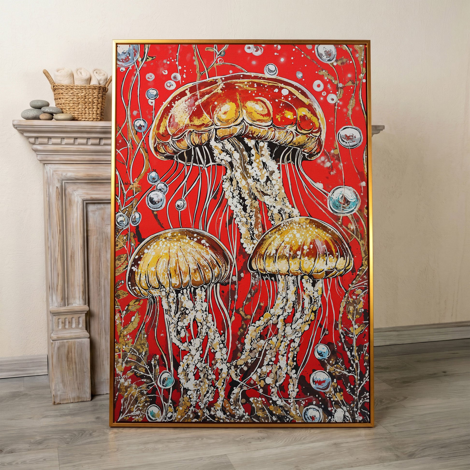 Jellyfish on Red. Underwater Canvas Wall Art in antique gold floating frame