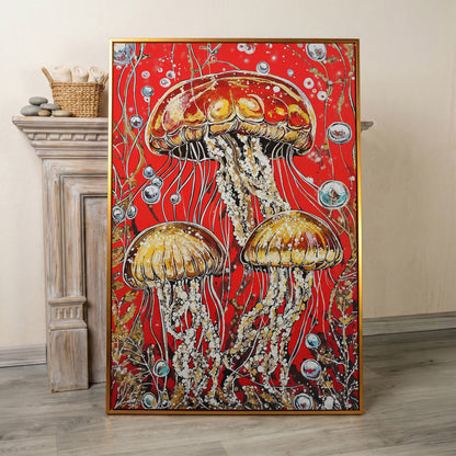Jellyfish on Red. Underwater Canvas Wall Art in antique gold floating frame