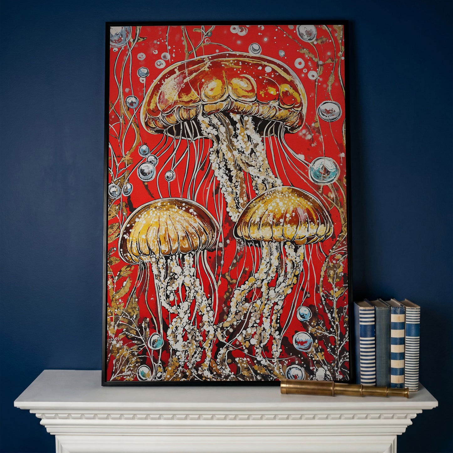 Jellyfish on Red. Underwater Canvas Wall Art in black floating frame