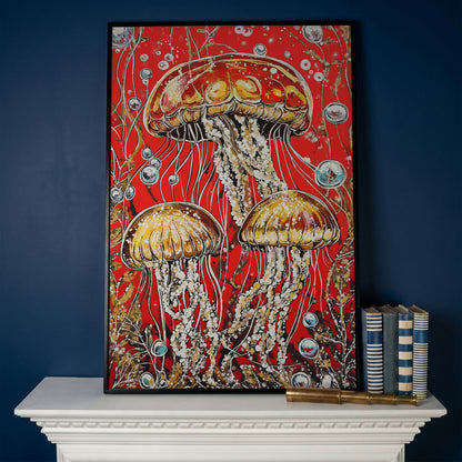 Jellyfish on Red. Underwater Canvas Wall Art in black floating frame