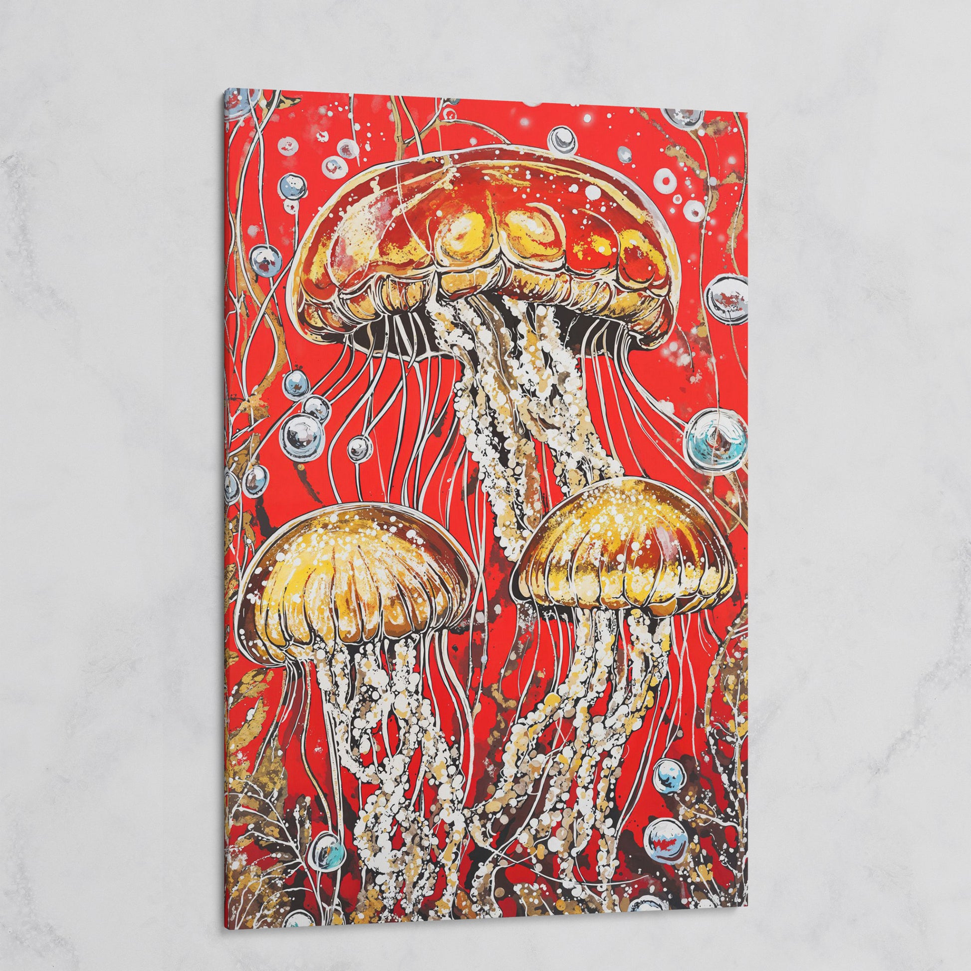 Jellyfish on Red. Underwater Canvas Wall Art on gallery wrap