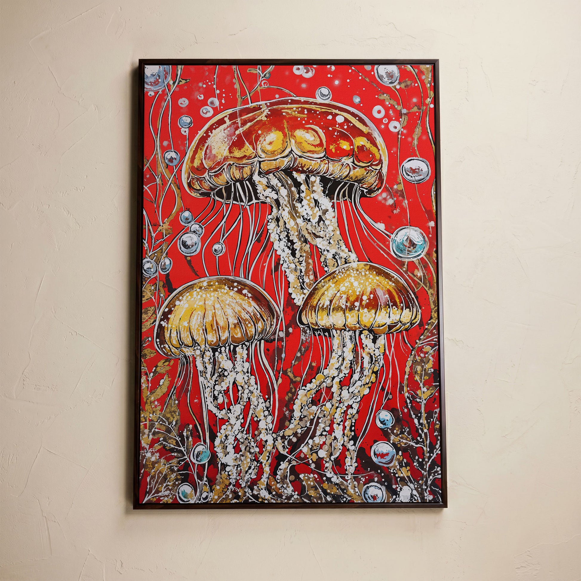 Jellyfish on Red. Underwater Canvas Wall Art in dark walnut floating frame
