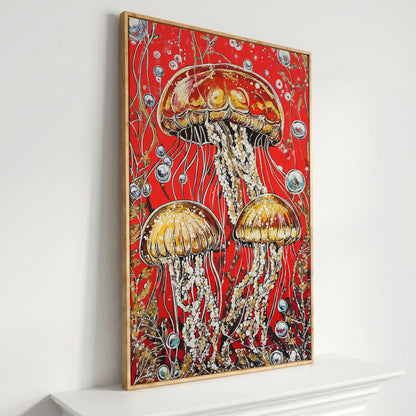 Jellyfish on Red. Underwater Canvas Wall Art in white oak floating frame