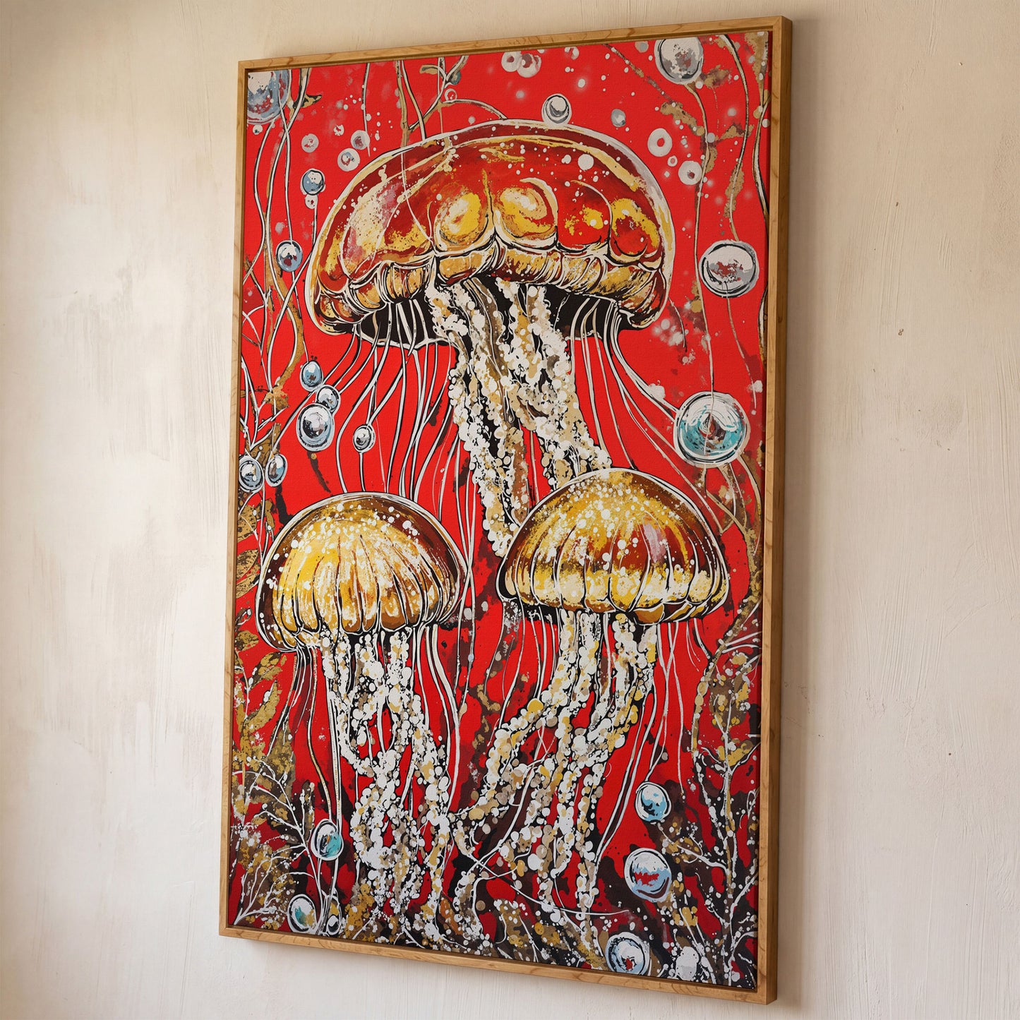 Jellyfish on Red. Underwater Canvas Wall Art shown in white oak floating frame