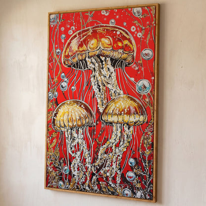 Jellyfish on Red. Underwater Canvas Wall Art shown in white oak floating frame
