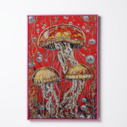 Jellyfish on Red. Underwater Canvas Wall Art in pink floating frame