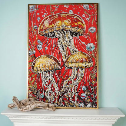 Jellyfish on Red. Underwater Canvas Wall Art in rose gold floating frame